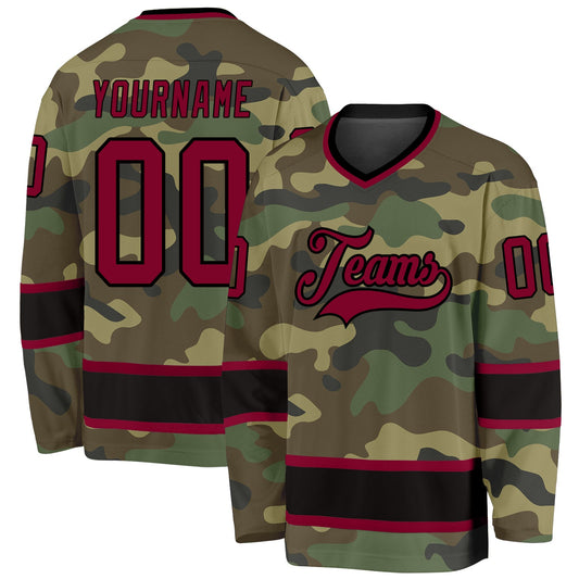 Custom Camo Maroon-Black Salute To Service Hockey Jersey - Main View