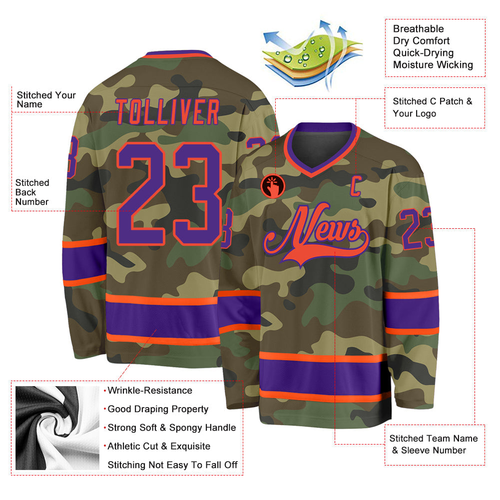 Custom Camo Purple-Orange Salute To Service Hockey Jersey view 2