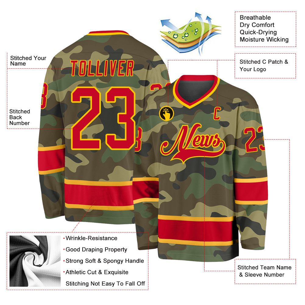 Custom Camo Red-Gold Salute To Service Hockey Jersey view 2