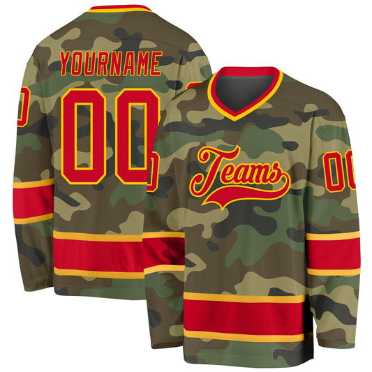 Custom Camo Red-Gold Salute To Service Hockey Jersey - Main View