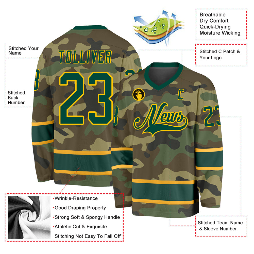 Custom Camo Green-Gold Salute To Service Hockey Jersey view 2