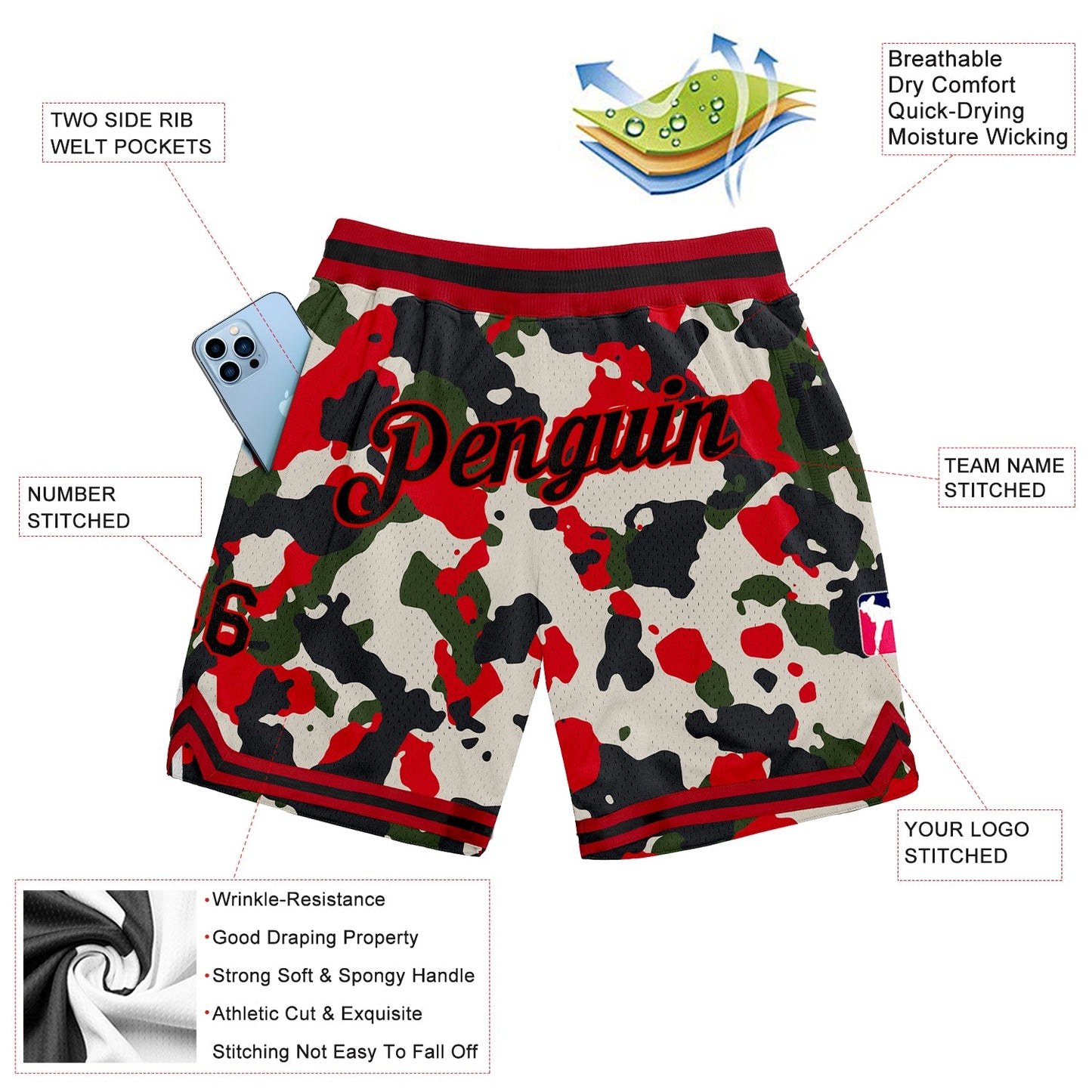 Custom Camo Black-Red Authentic Salute To Service Basketball Shorts view 2