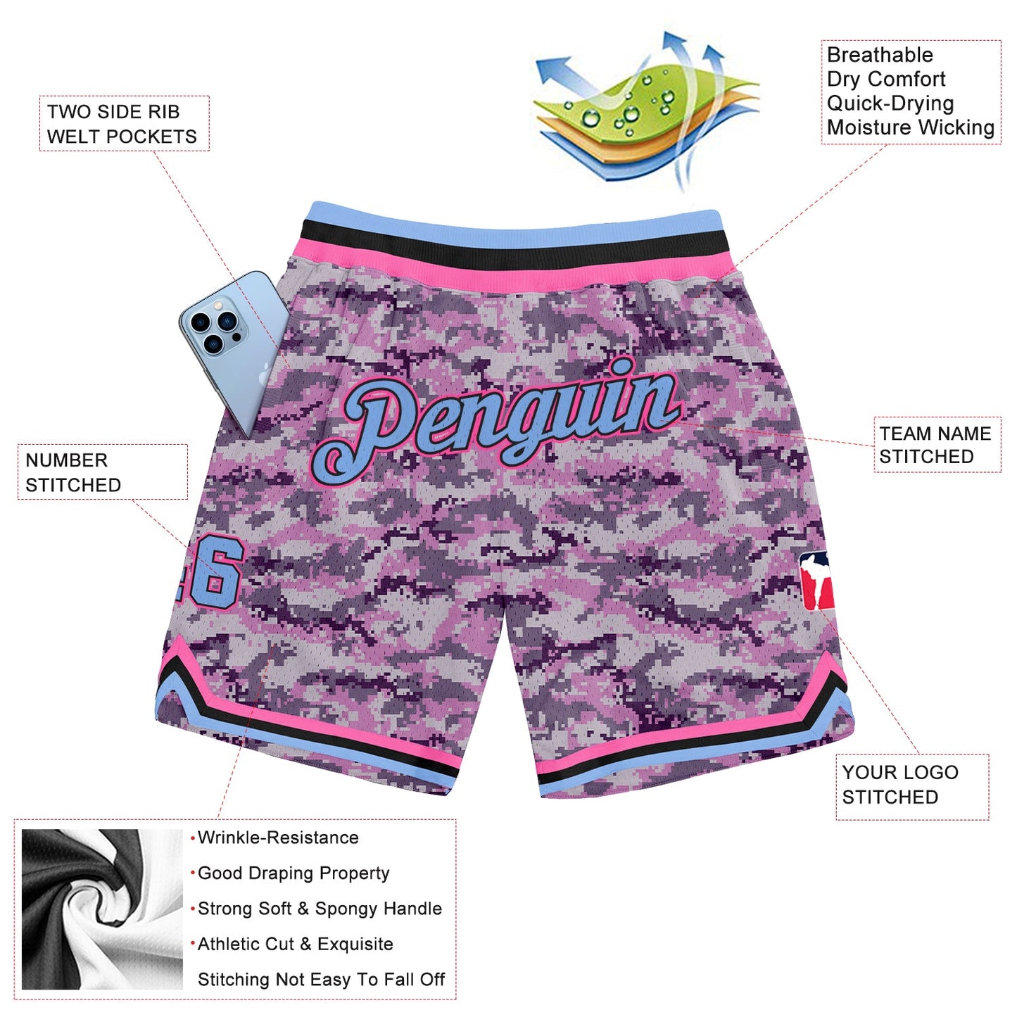 Custom Camo Light Blue-Pink Authentic Salute To Service Basketball Shorts view 2