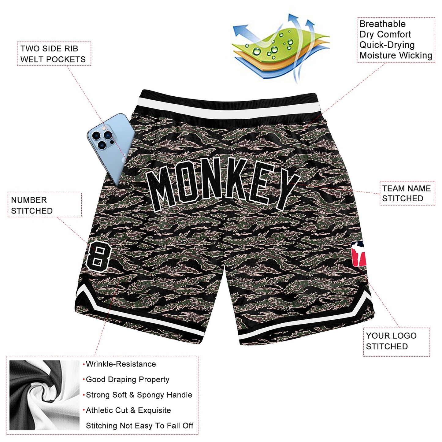Custom Camo Black-White Authentic Salute To Service Basketball Shorts view 2