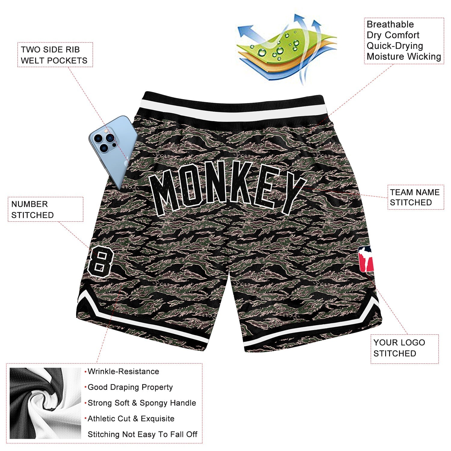 Custom Camo Black-White Authentic Salute To Service Basketball Shorts view 2