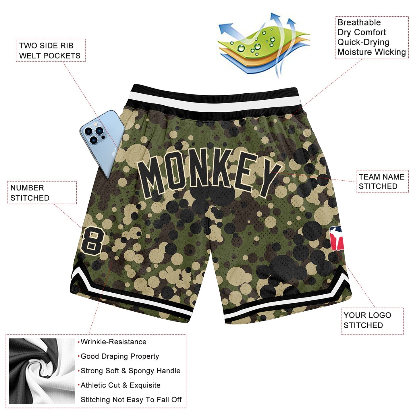 Custom Camo Black-Cream Authentic Salute To Service Basketball Shorts view 2