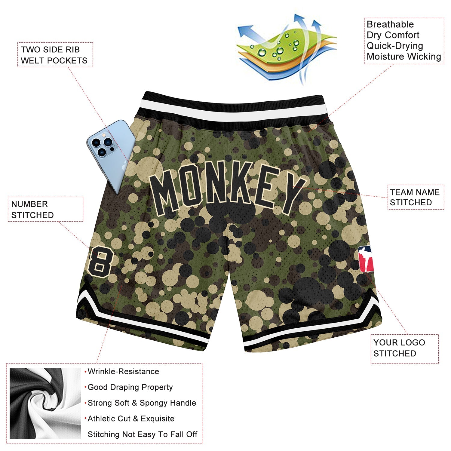 Custom Camo Black-Cream Authentic Salute To Service Basketball Shorts view 2
