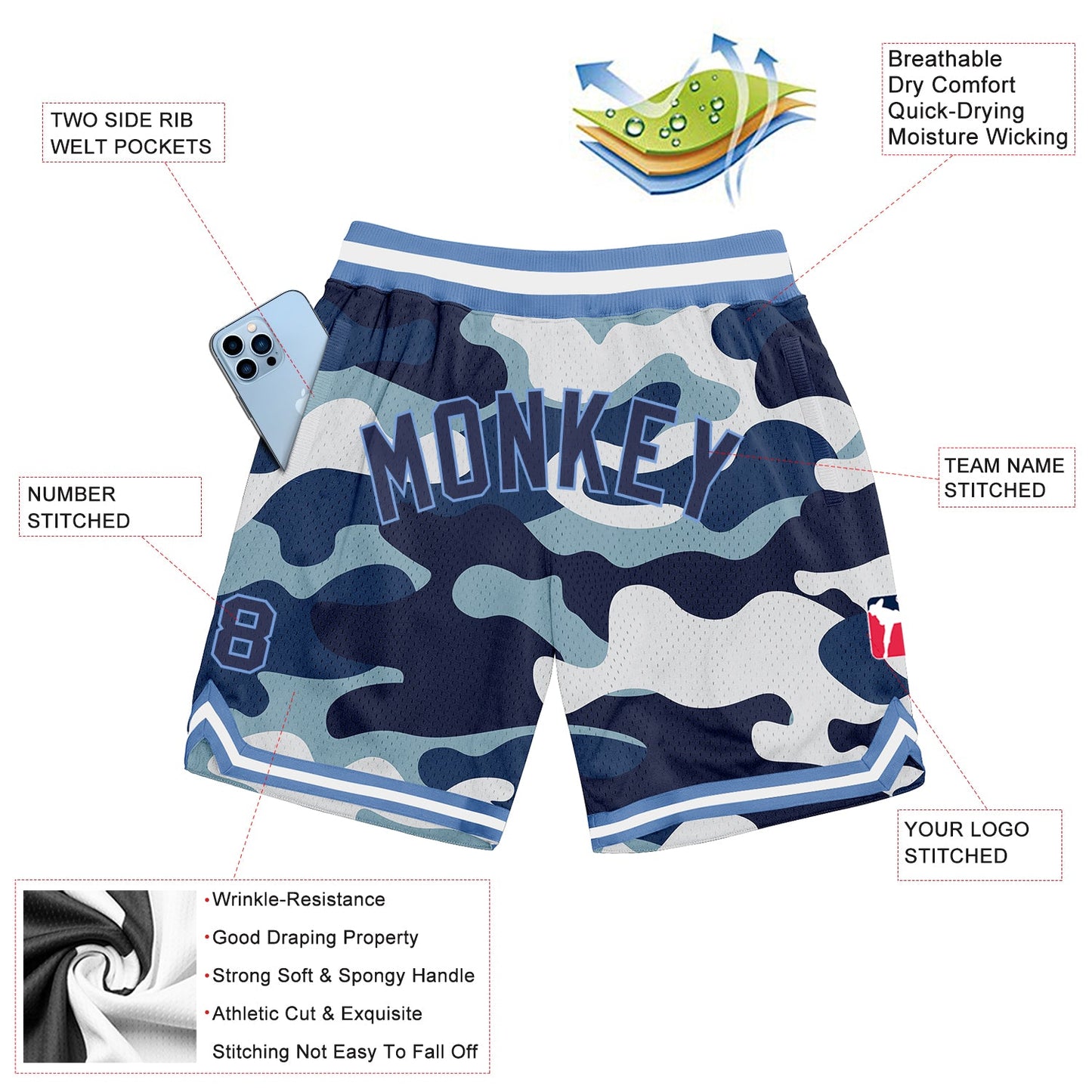 Custom Camo Navy-Light Blue Authentic Salute To Service Basketball Shorts view 2