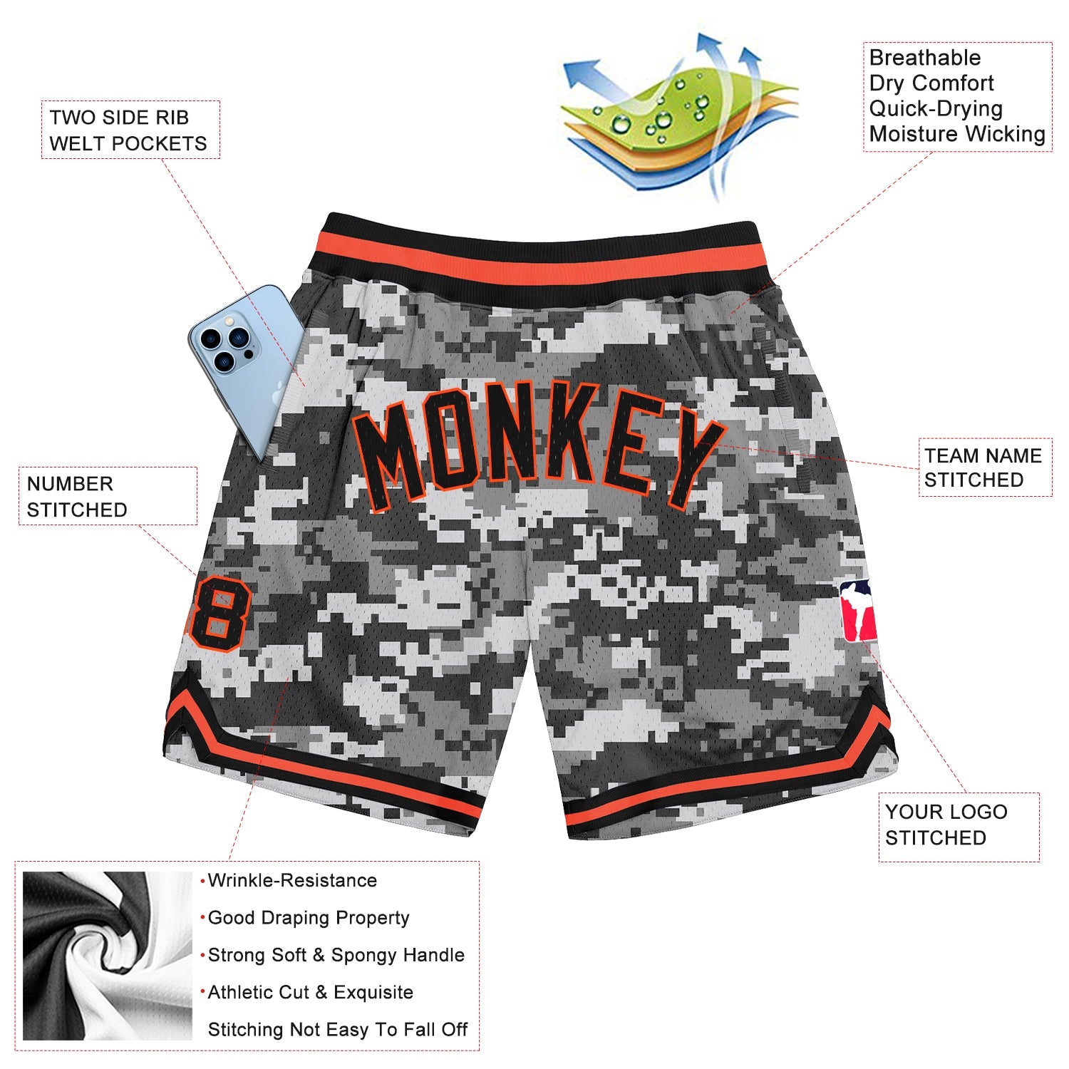 Custom Camo Black-Orange Authentic Salute To Service Basketball Shorts view 2