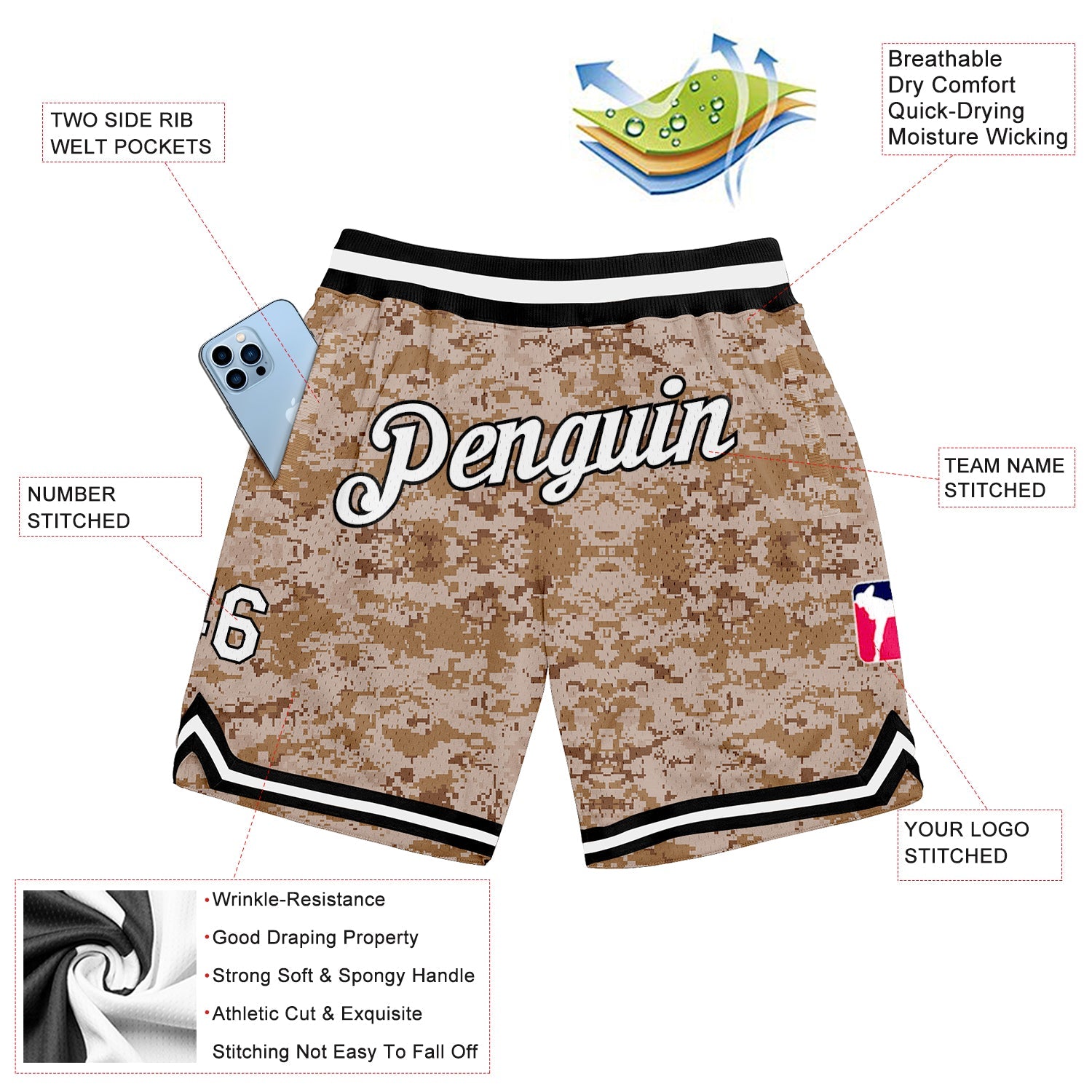 Custom Camo White-Black Authentic Salute To Service Basketball Shorts view 2