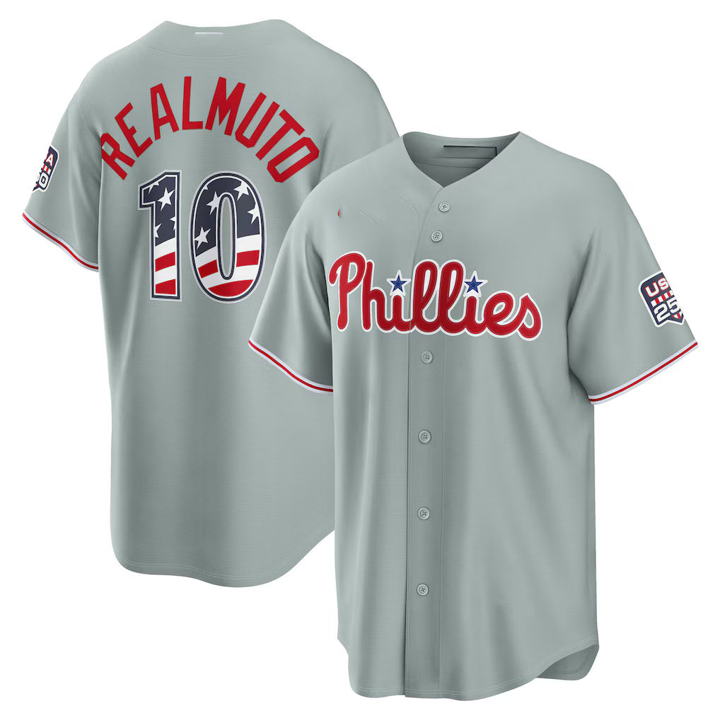 Philadelphia Phillies #10 J.T. Realmuto USA 250 Fourth of July Road Stadium Jersey - Gray Tailgate Goods - Main View