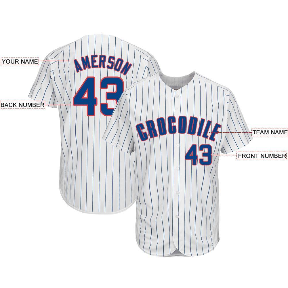 Custom White Royal Pinstripe Royal-Red Baseball Jersey view 3