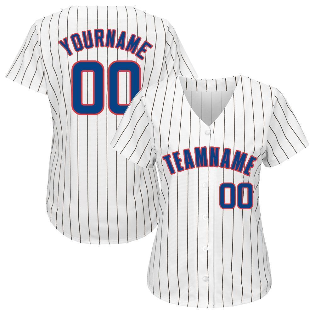 Custom White Royal Pinstripe Royal-Red Baseball Jersey view 2