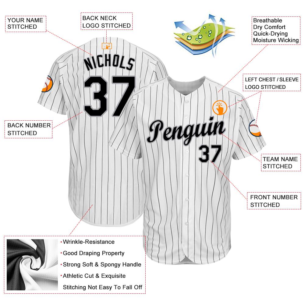 Custom White Black Pinstripe Black-Gray Baseball Jersey view 4
