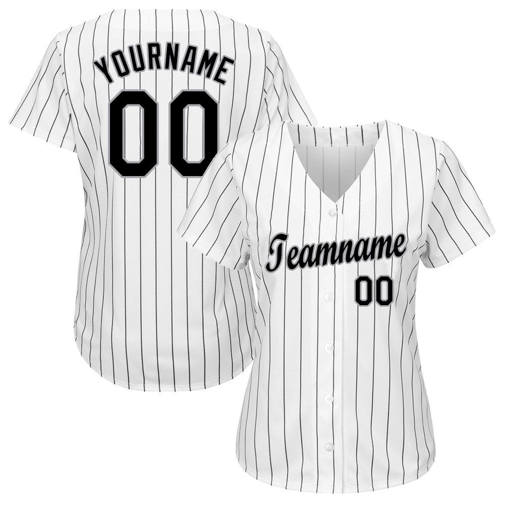 Custom White Black Pinstripe Black-Gray Baseball Jersey view 3