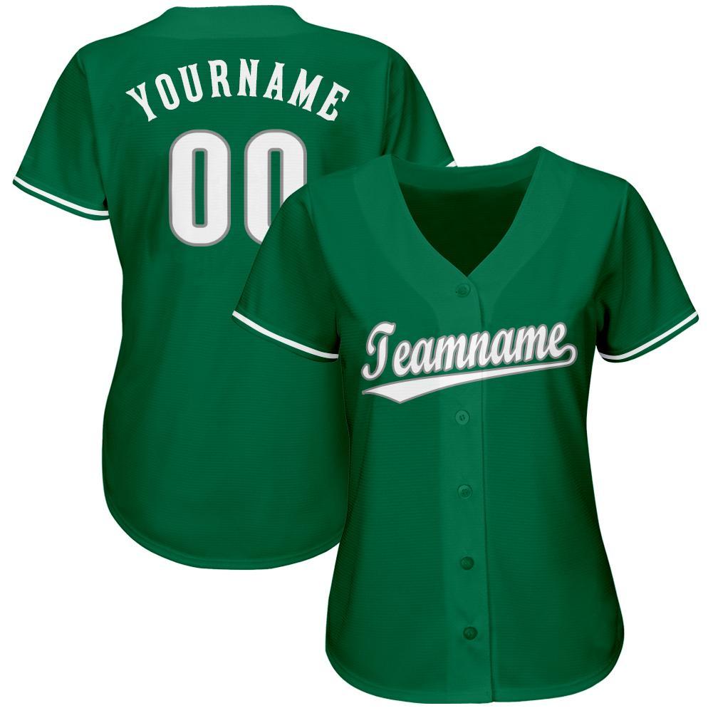 Custom Kelly Green White-Gray Baseball Jersey view 2