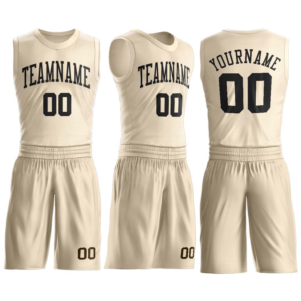 Custom Cream Black Round Neck Basketball Uniform Jersey view 2