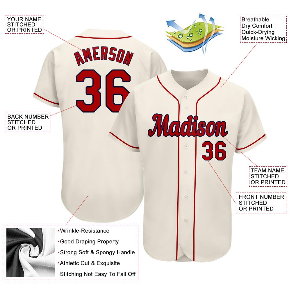Custom Cream Red-Navy Authentic Baseball Jersey view 3