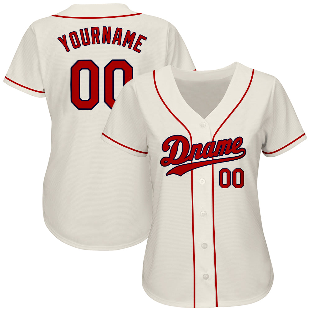 Custom Cream Red-Navy Authentic Baseball Jersey view 2