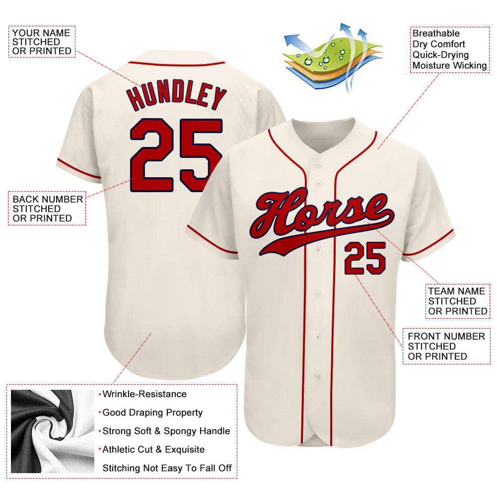 Custom Cream Red-Navy Authentic Baseball Jersey view 3