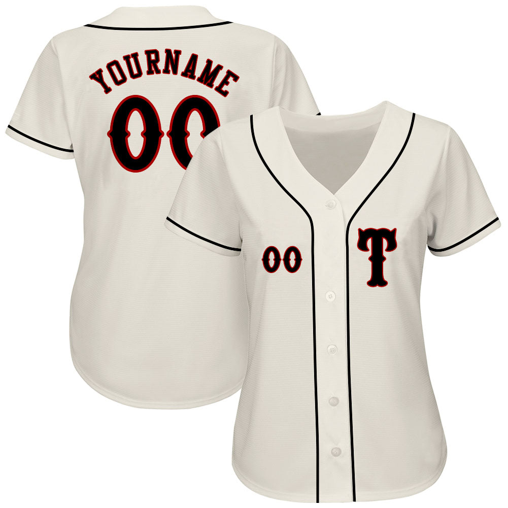 Custom Cream Black-Red Authentic Baseball Jersey view 2