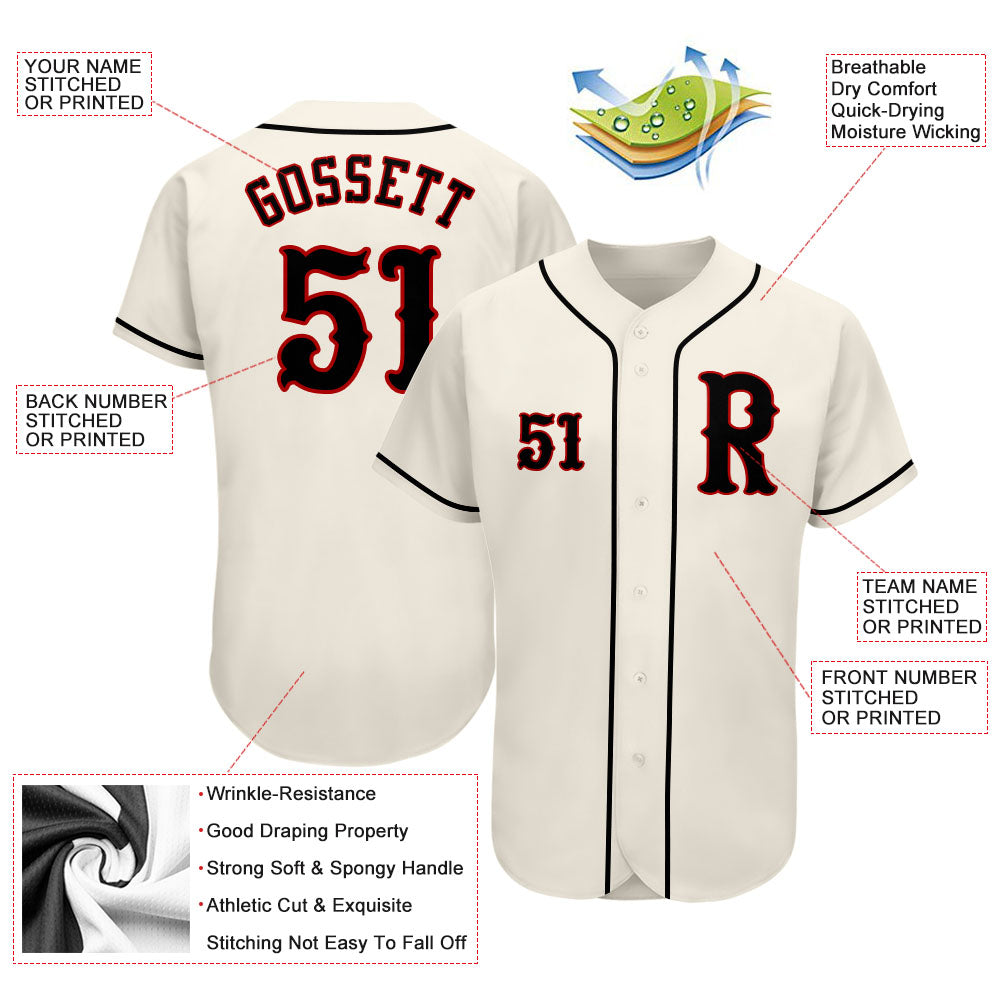 Custom Cream Black-Red Authentic Baseball Jersey view 3