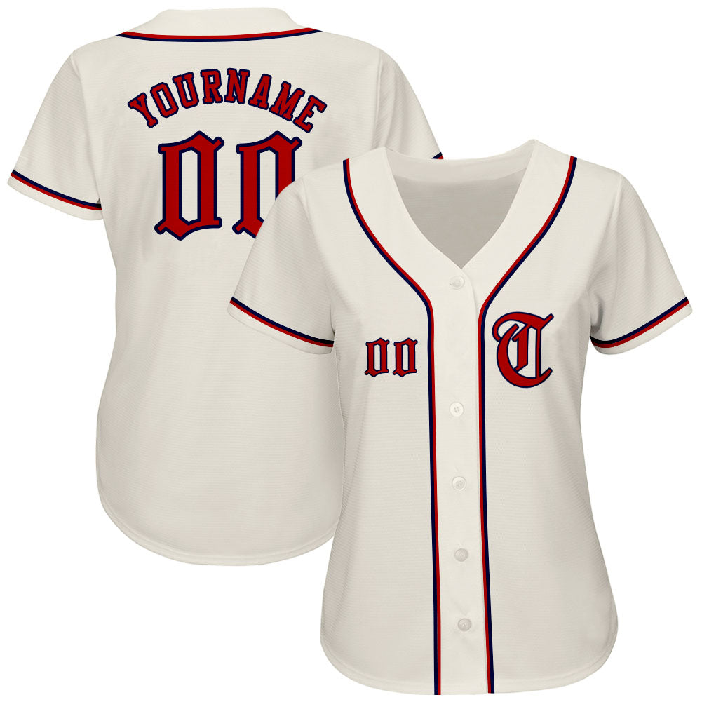 Custom Cream Red-Navy Authentic Baseball Jersey view 2