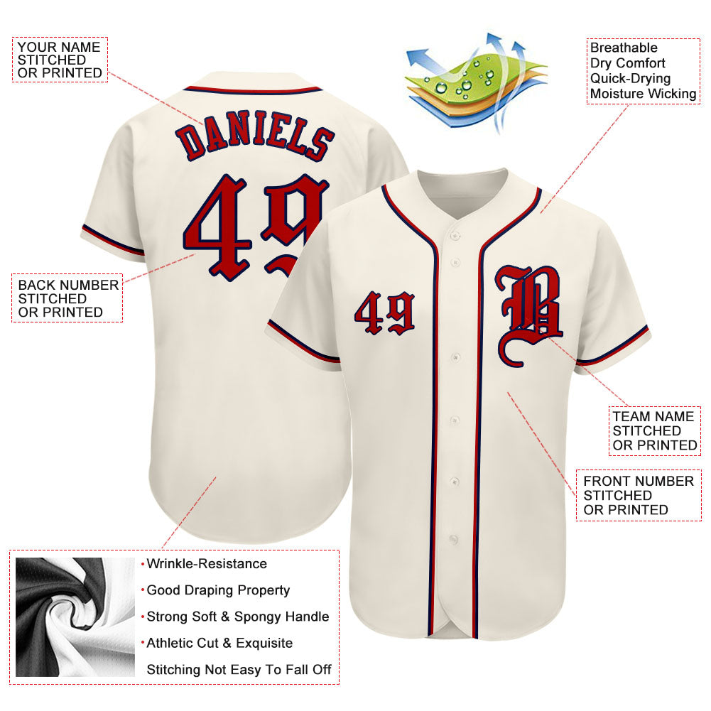 Custom Cream Red-Navy Authentic Baseball Jersey view 3