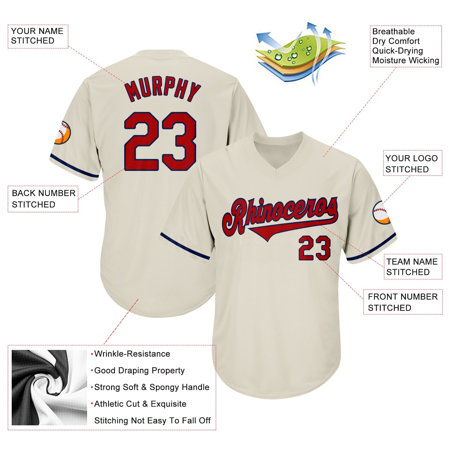 Custom Cream Red-Navy Authentic Throwback Rib-Knit Baseball Jersey Shirt view 4