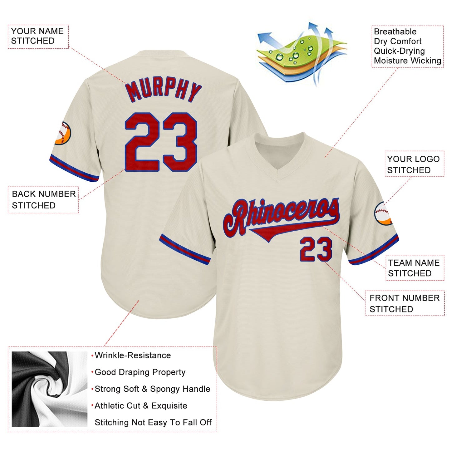 Custom Cream Red-Royal Authentic Throwback Rib-Knit Baseball Jersey Shirt view 4