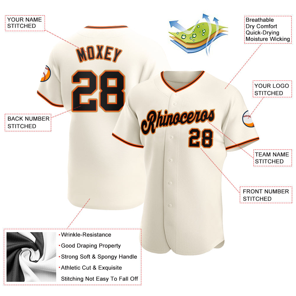 Custom Cream Black Orange-Old Gold Authentic Baseball Jersey view 3