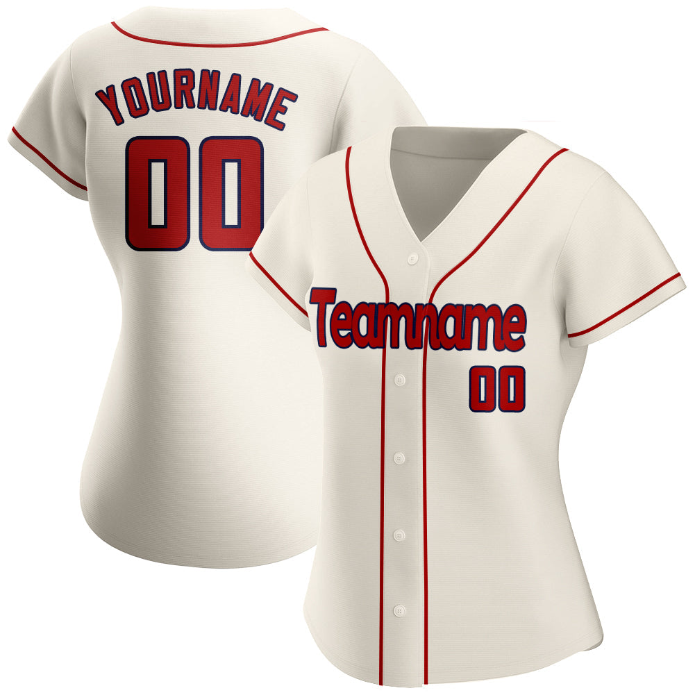 Custom Cream Red-Navy Authentic Baseball Jersey view 2