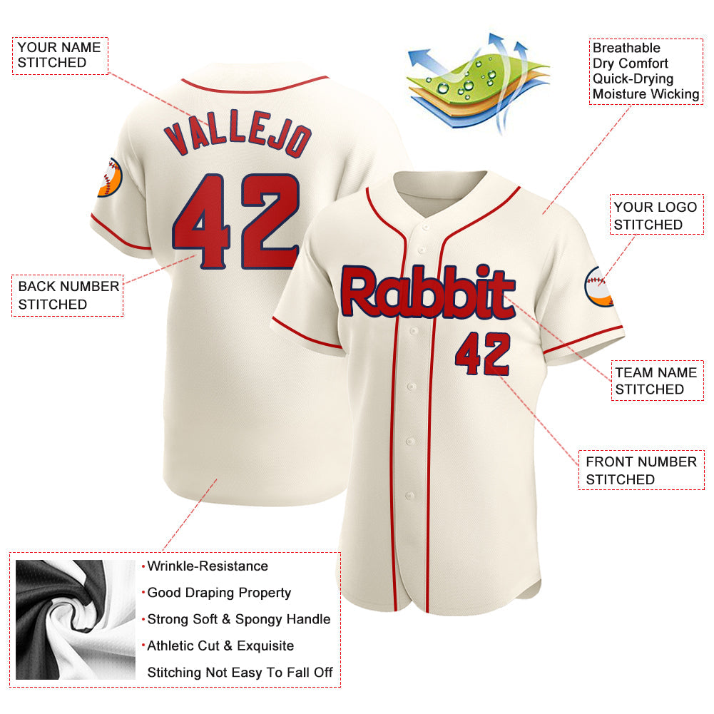 Custom Cream Red-Navy Authentic Baseball Jersey view 3