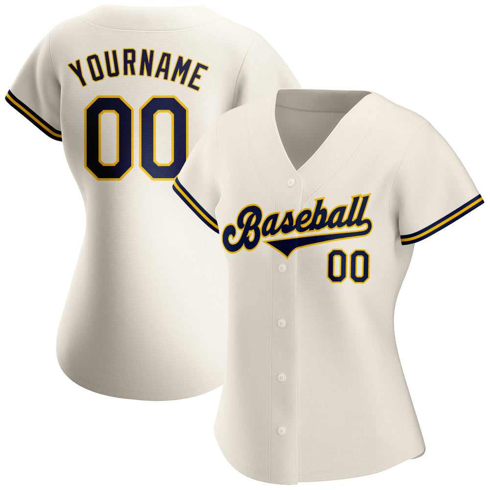 Custom Cream Navy-Gold Authentic Baseball Jersey view 2