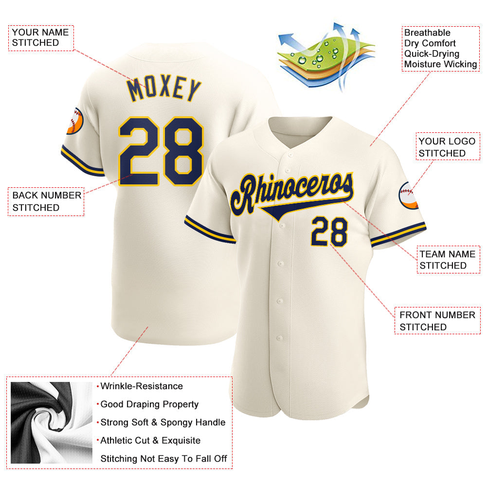 Custom Cream Navy-Gold Authentic Baseball Jersey view 3