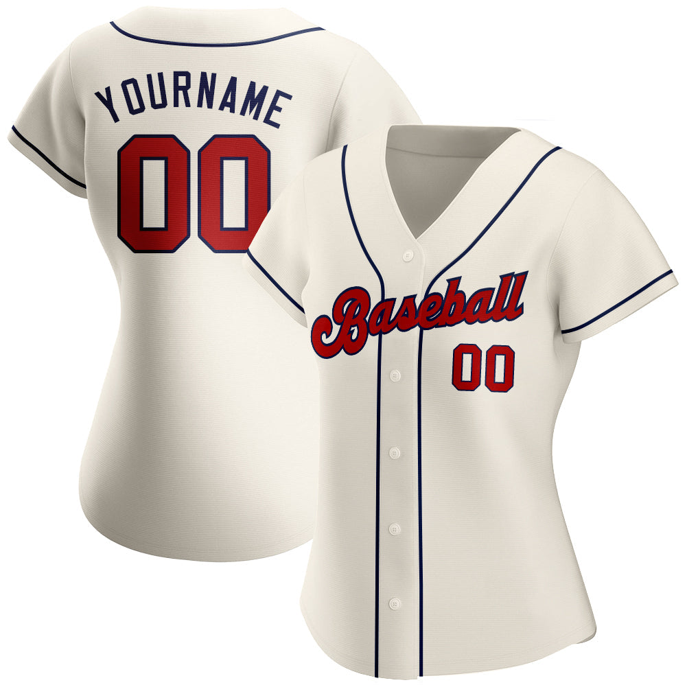 Custom Cream Red-Navy Authentic Baseball Jersey view 2