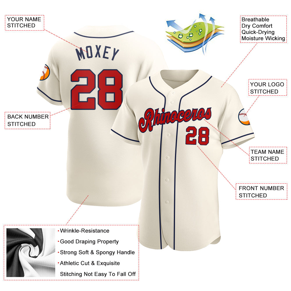 Custom Cream Red-Navy Authentic Baseball Jersey view 3