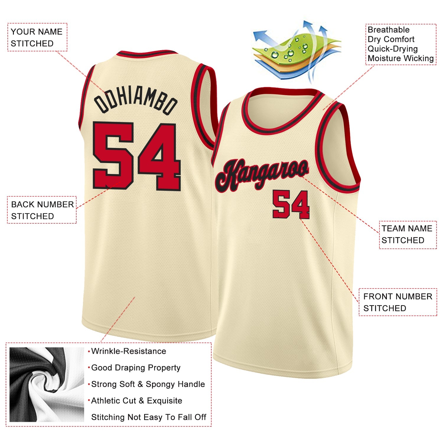 Custom Cream Red-Black Round Neck Rib-Knit Basketball Jersey view 3
