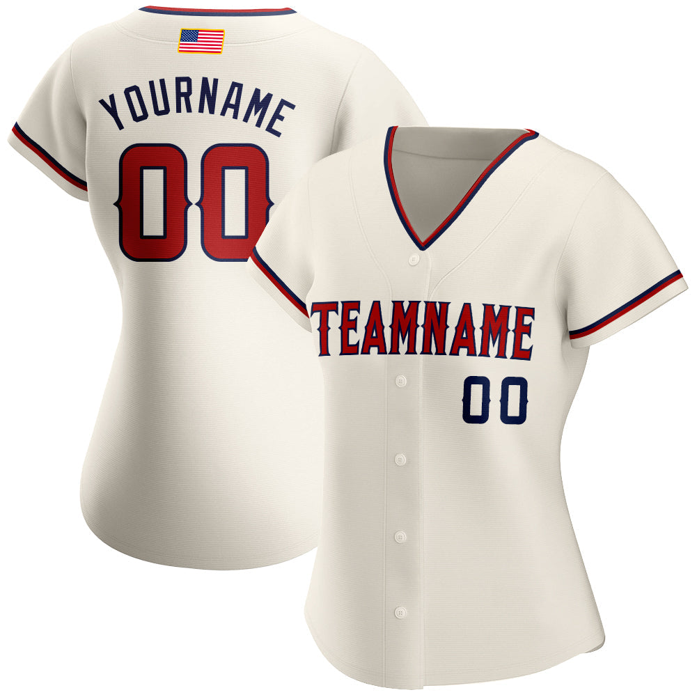 Custom Cream Red-Navy Authentic American Flag Fashion Baseball Jersey view 3