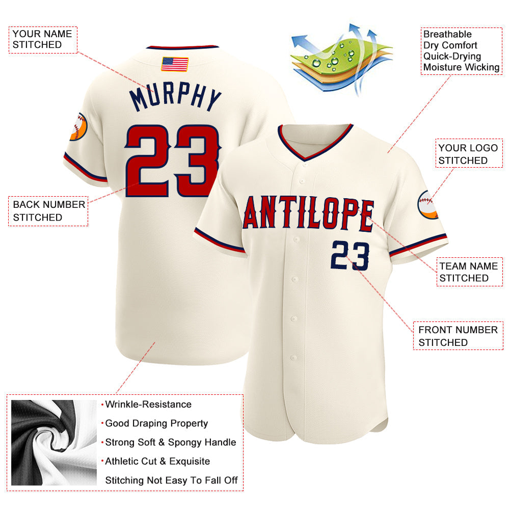 Custom Cream Red-Navy Authentic American Flag Fashion Baseball Jersey view 4