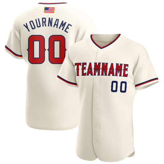 Custom Cream Red-Navy Authentic American Flag Fashion Baseball Jersey - Main View