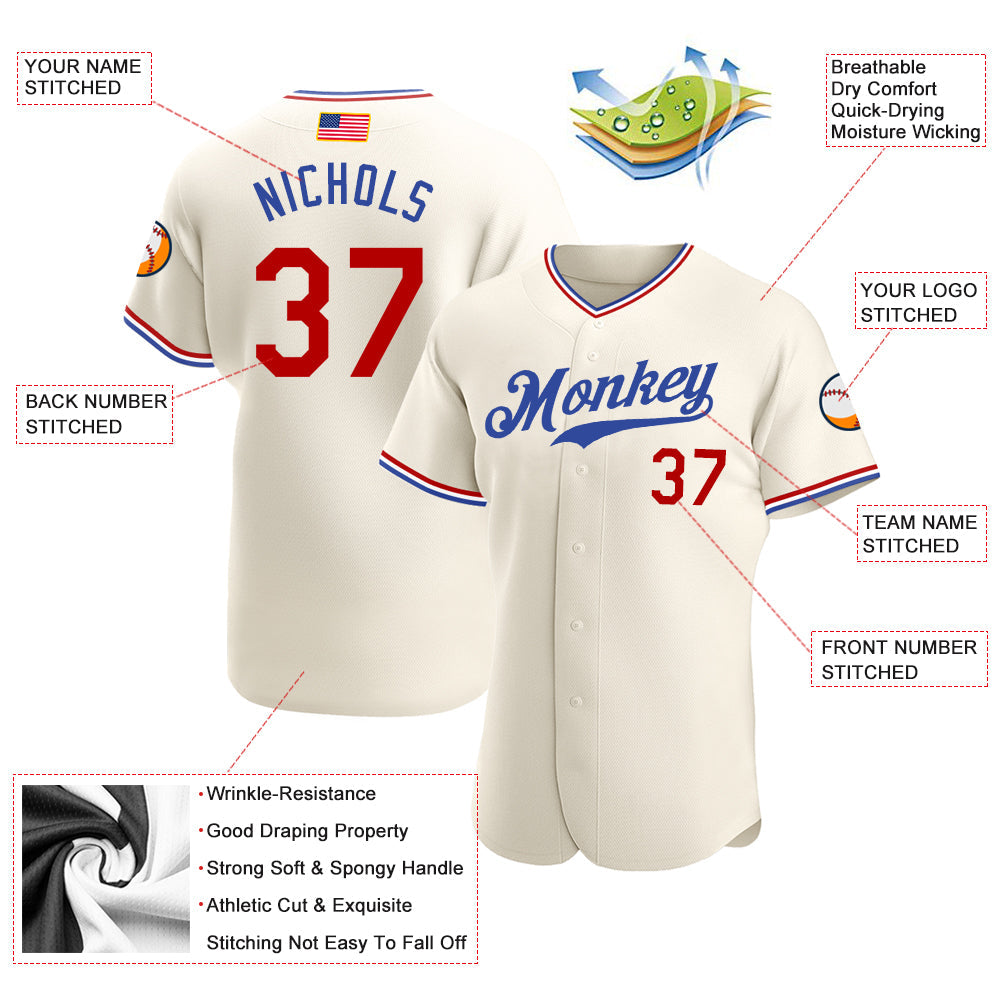Custom Cream Red-Royal Authentic American Flag Fashion Baseball Jersey view 3