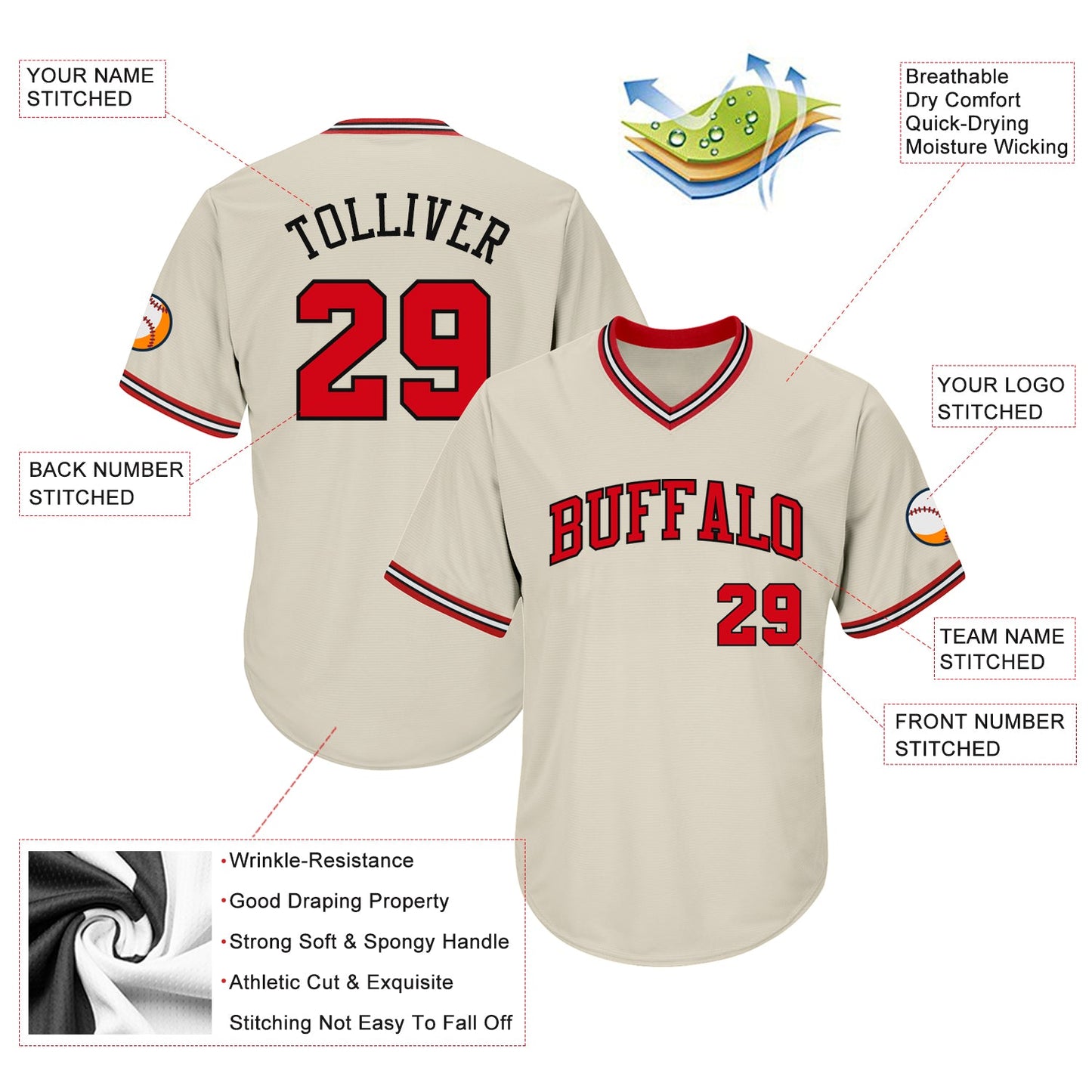 Custom Cream Red-Black Authentic Throwback Rib-Knit Baseball Jersey Shirt view 4