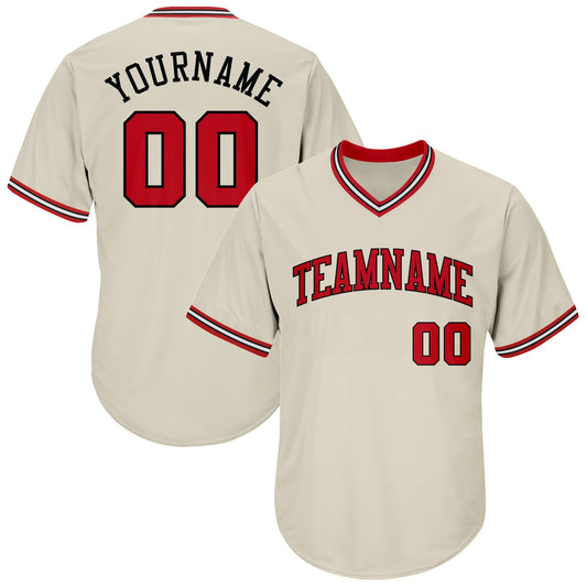 Custom Cream Red-Black Authentic Throwback Rib-Knit Baseball Jersey Shirt - Main View
