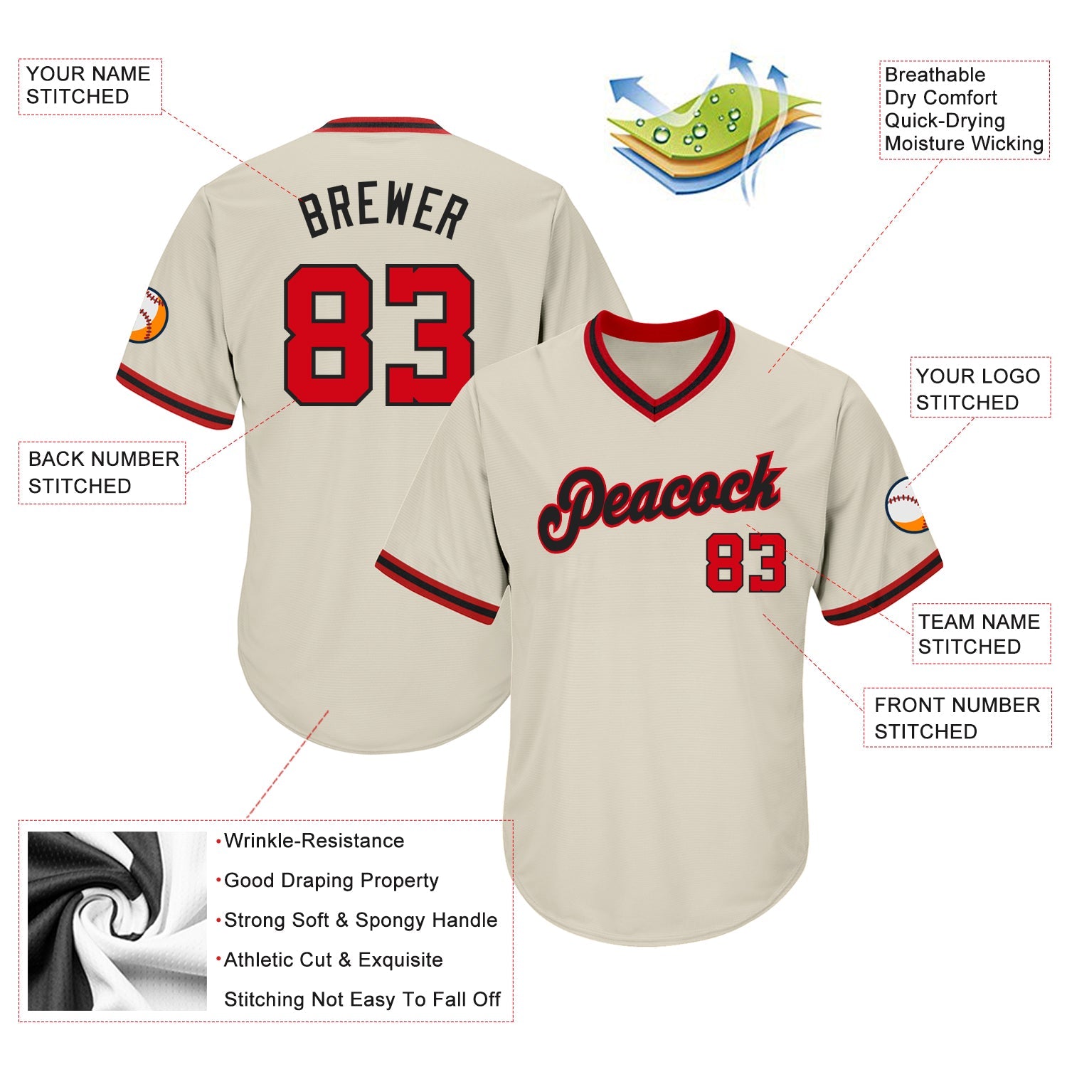 Custom Cream Red-Black Authentic Throwback Rib-Knit Baseball Jersey Shirt view 4