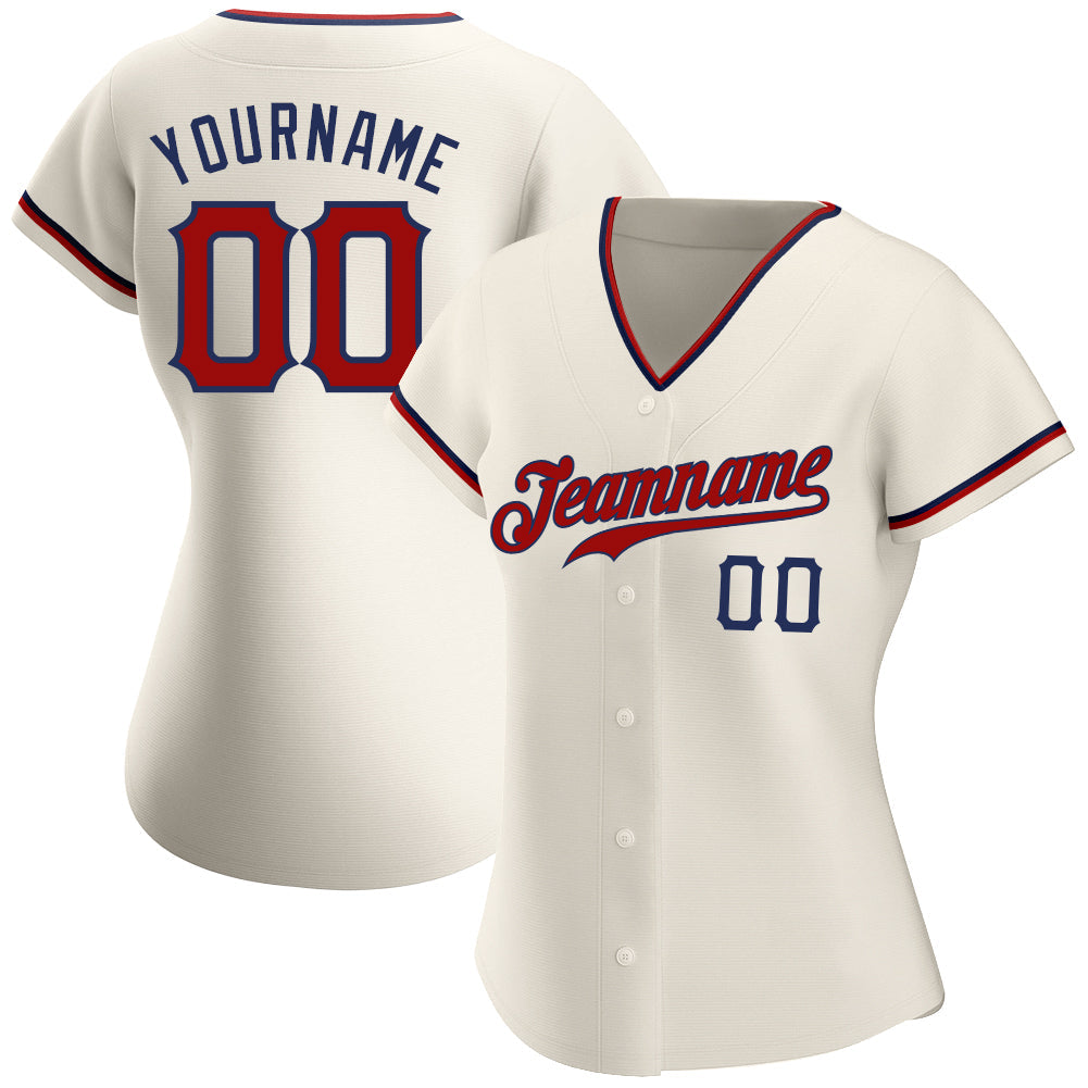 Custom Cream Red-Navy Authentic Baseball Jersey view 2