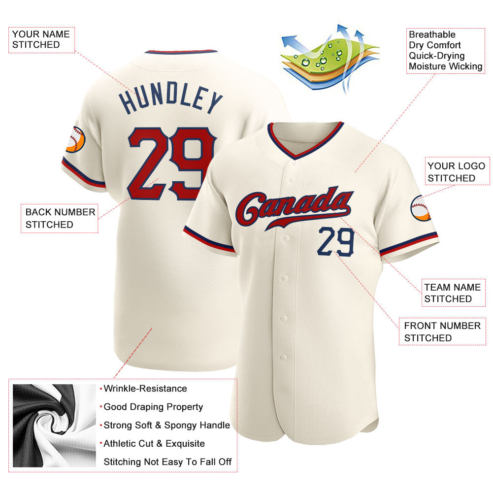 Custom Cream Red-Navy Authentic Baseball Jersey view 3