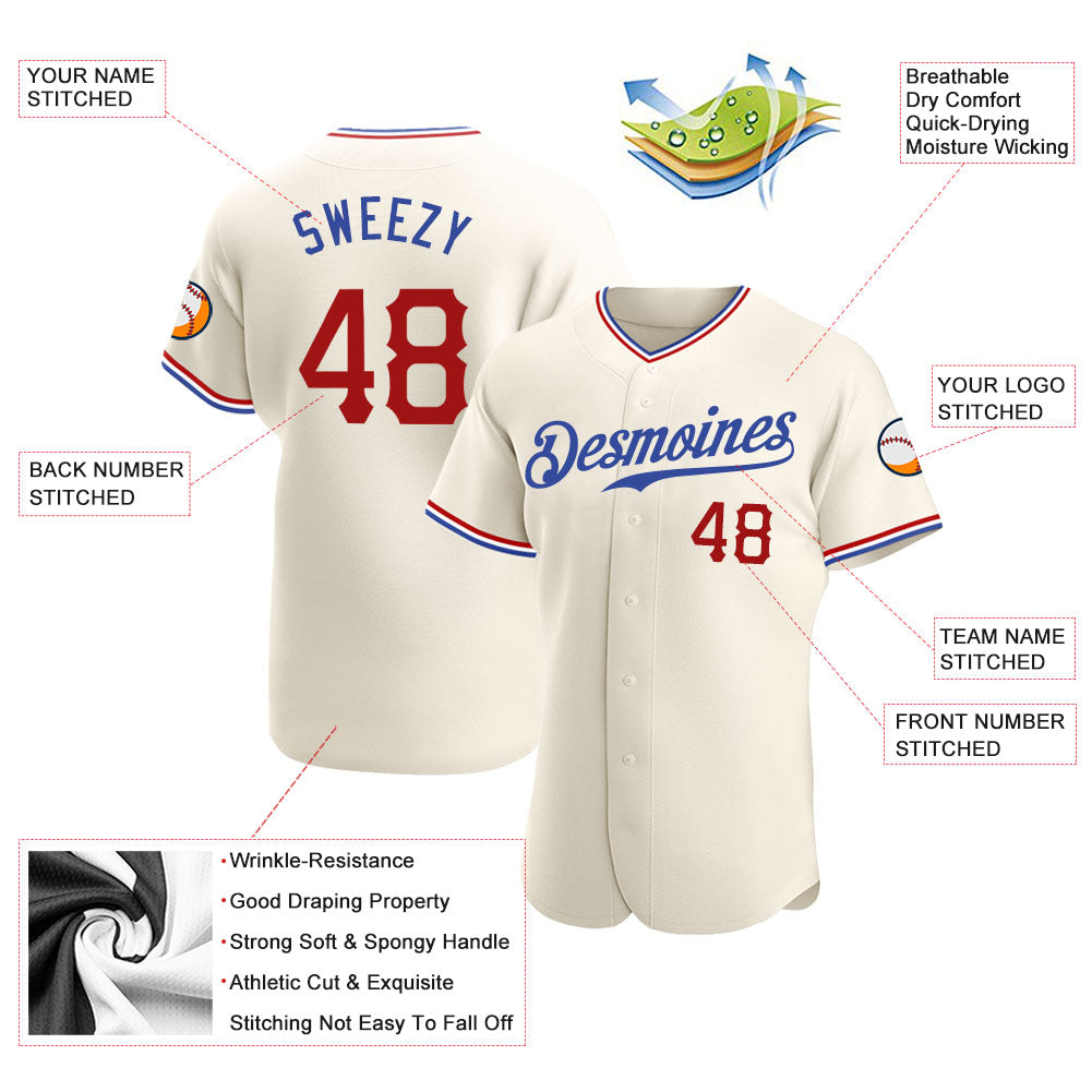 Custom Cream Red-Royal Authentic Baseball Jersey view 3