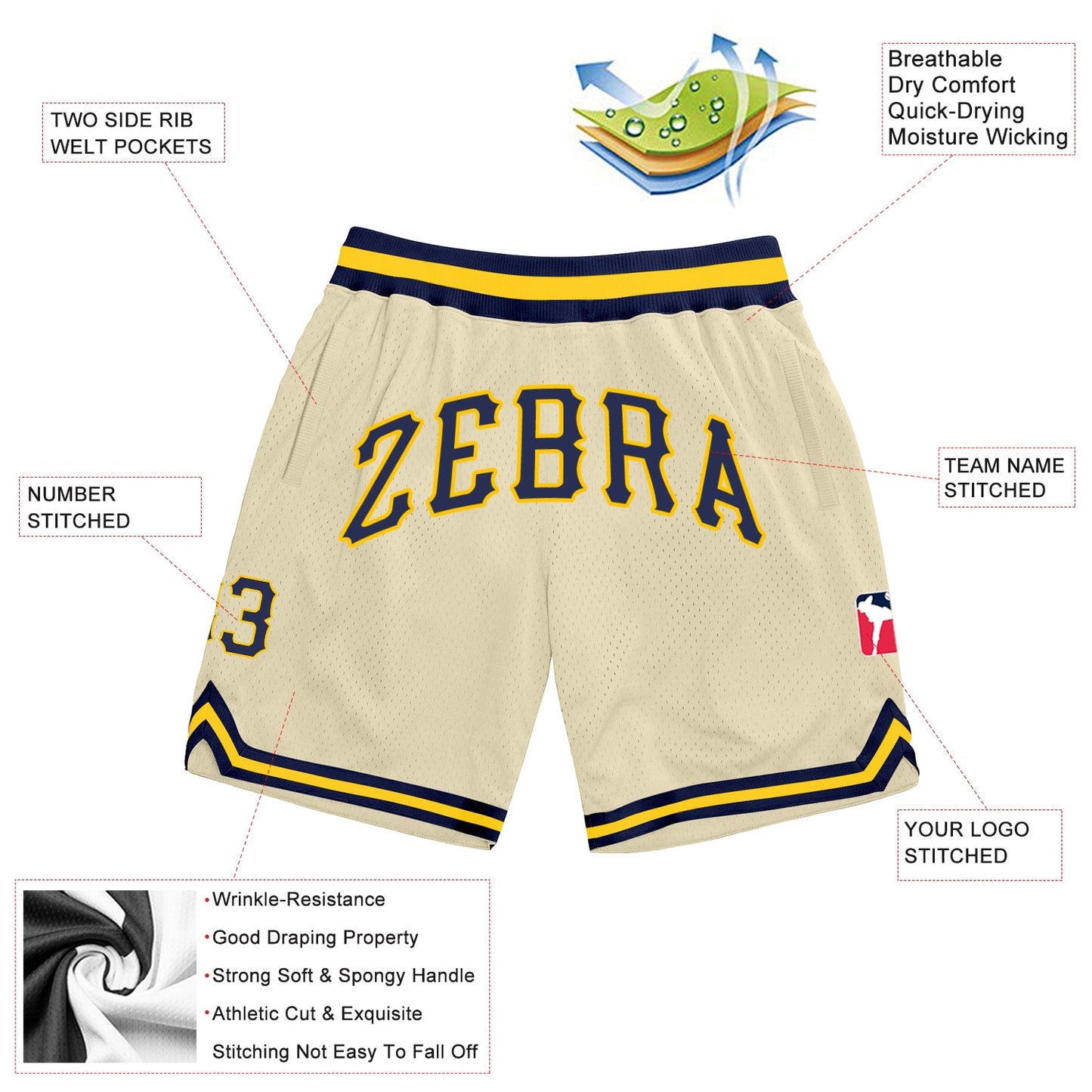 Custom Cream Navy-Gold Authentic Throwback Basketball Shorts view 2