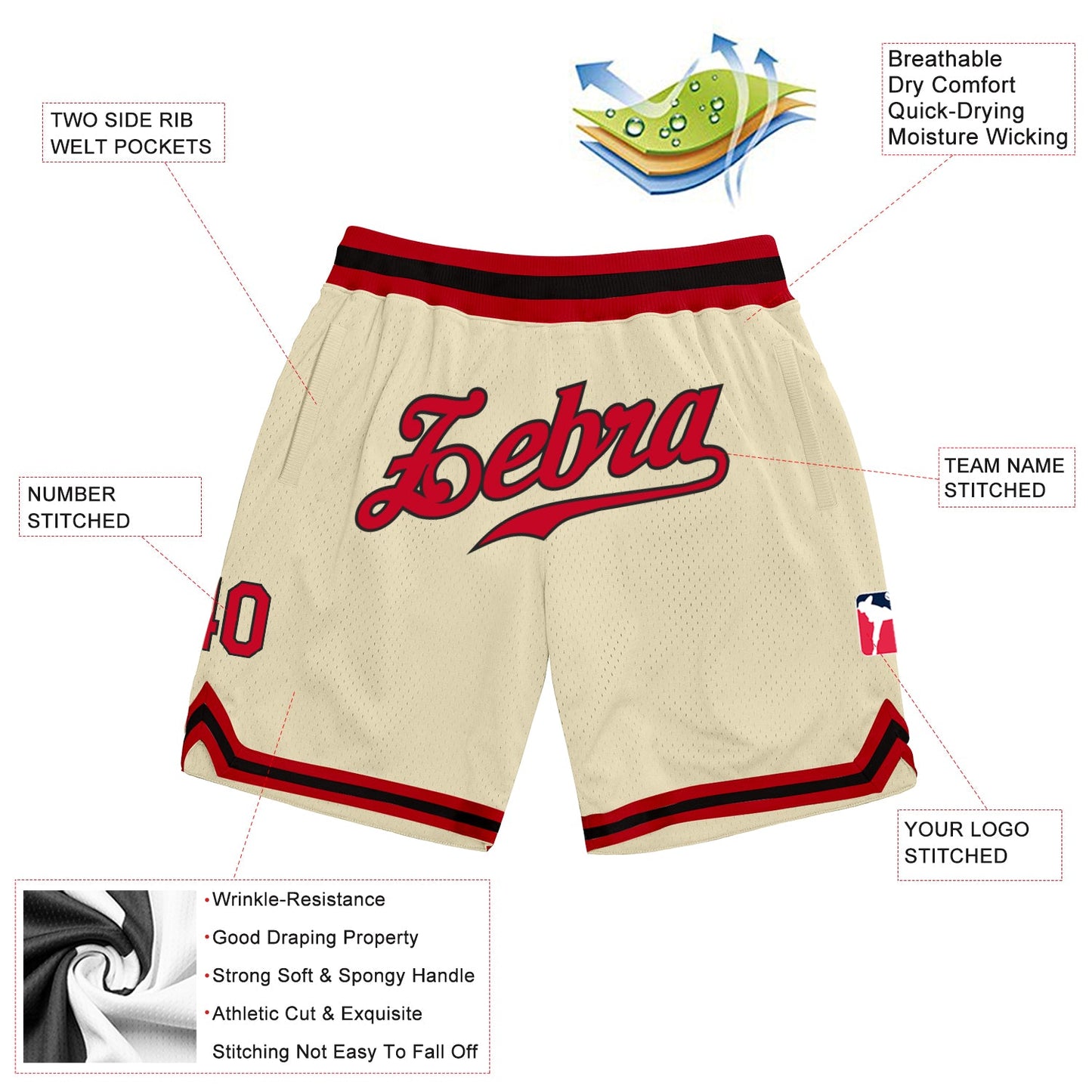 Custom Cream Red-Black Authentic Throwback Basketball Shorts view 2